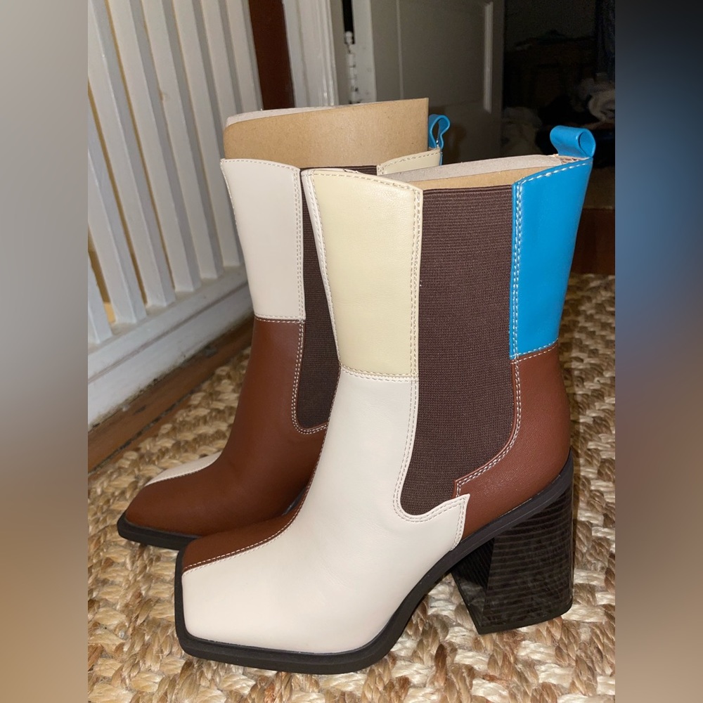 NEW Sam Edelman Circus NY Lauren patchwork boots blue/ivory/brown 8.5